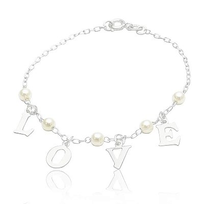PULSEIRA PRATA 18CM PEROLAS 4MM C/ LOVE PENDURADO