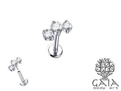 Labret Aço Push Pin Cluster Trio de Zircônias