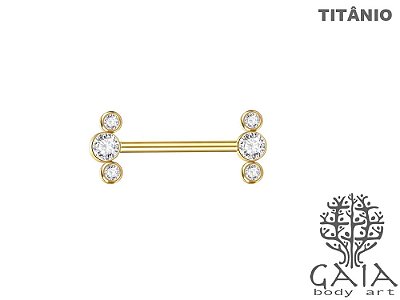 Barbell Mamilo Titânio Dourado Cluster Zircônias