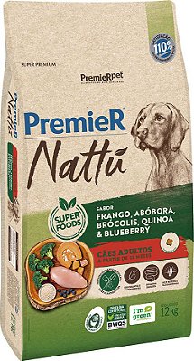 Ração para Cães Premier Nattu Adulto Frango, Abóbora, Brócolis, Quinoa e Bluberry 12kg