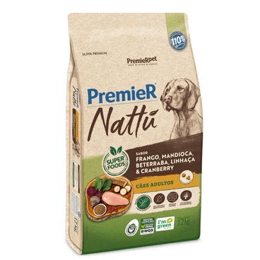 Ração para Cães Premier Nattu Adulto Frango, Mandioca, Beterraba, Linhaça e Cranberry 12kg