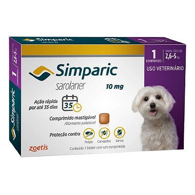 Simparic Antipulgas e Carrapatos de Comprimido para Cães 2,6 a 5kg - 3 unidades
