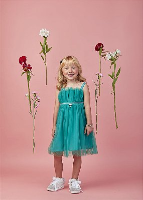 Vestido Celebrar Tule Verde Esmeralda Cinto de Strass Gabriela Aquarela-62614/252029