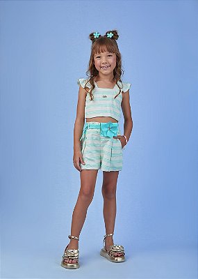 Cj Short e Blusa Com Pochete Flor Listrado Verde Agua Gabriela Aquarela-6267/252217