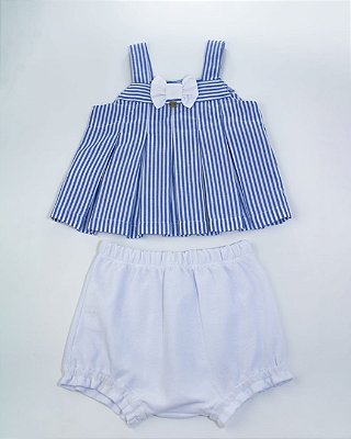 Conjunto Bata  Listrada e Short Fofinho Piquet de Algodão  Branco  Um Mais Um-897103