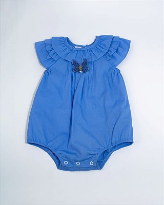 Romper Babados Feito de Tricoline Algodão e Elastano Azul Claro Um Mais Um-897105