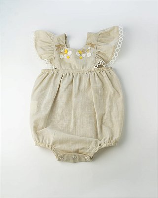 Romper Cambraia de Algodão Com Textura de Linho Bege Claro Um Mais Um-897143