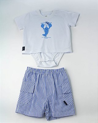 Conjunto Camiseta Com Estampa e Aplique e Bermuda Listrada  Azul Claro Um Mais Um-897602