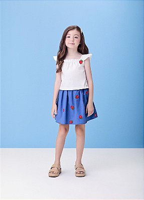 Cj Blusa Off White Saia Morangos  Momi-h6694