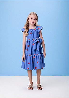 Vestido Bordado Morangos  Azul Momi-h6422