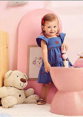Vestido Bordado Morangos  Azul Momi-c2579