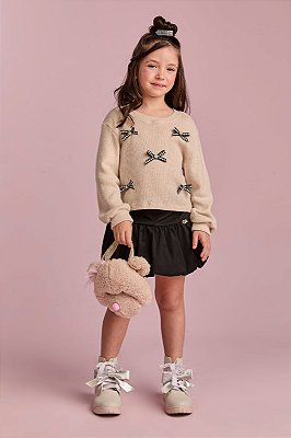 Saia Bubble Preta e Blusa Trico Amendoa Lacinhos Preto Gabriela Aquarela-6333/261210