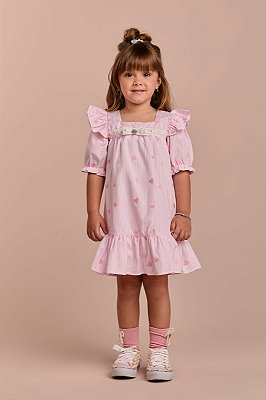 Vestido Algodão Listra Rosa Bordado Coração Listrado Rosa Gabriela Aquarela-6327/261042