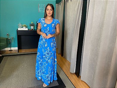 Vestido Longo Estampado Com Lastex Na Cintura