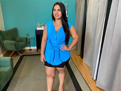 Blusa Em Duna Com Botões E Amarração na frente Plus Size