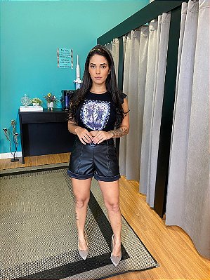 Blusa T-shirt Babado Na Manga Desenho Na Frente