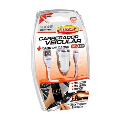 Carregador veicular iphone lightning 12v luxcar cod 3727