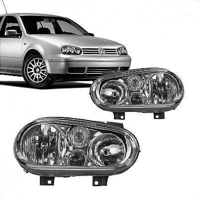 Farol golf volkswagen de 1999 a 2006 lado esquerdo cromado foco duplo sem auxiliar em policarbonato