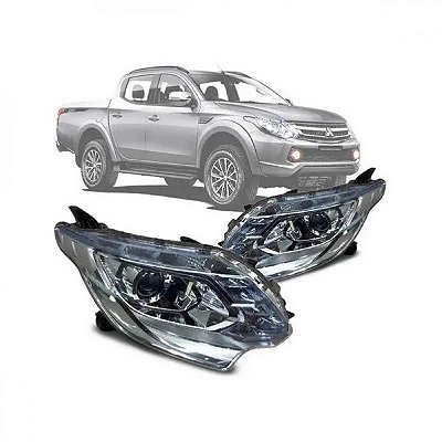 Farol triton mitsubishi de 2017 a 2025 lado direito cromado elétrico sem motor com LED e pisca azul