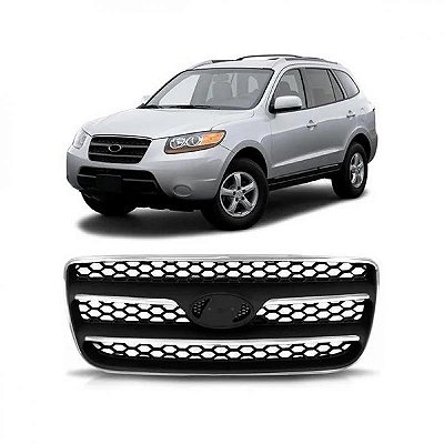 Grade do radiador santa fe hyundai de 2006 a 2010 preta com aro cromado lanterna e friso cromado