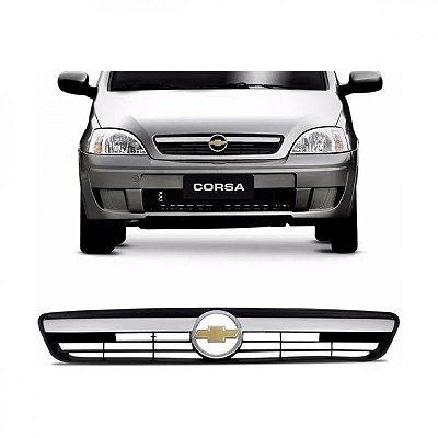 Grade do radiador corsa e montana chevrolet de 2008 a 2012 com carcaça preta e friso cromado com emblema