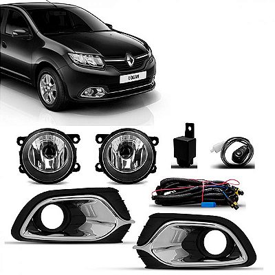 Kit de farol auxiliar logan renault de 2014 a 2019 com grade e moldura inferior do para choque cromada com botão universal
