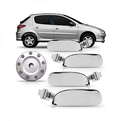 Kit maçaneta e tampa de combustível 206 peugeot de 1998 a 2010 cromado quatro portas