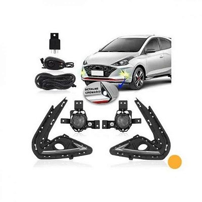 Kit farol auxiliar hb20 hyundai de 2020 a 2022 com moldura inferior do para choque preta e friso cromado