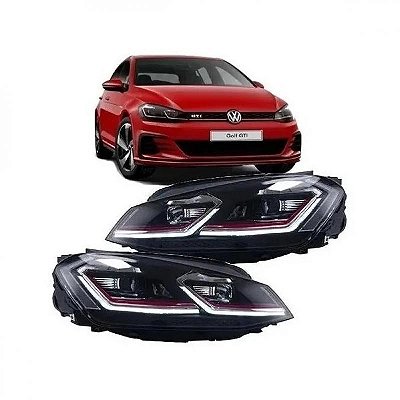 Farol golf mk7.5 volkswagen de 2014 a 2017 com friso de borda vermelha elétrico com projetor oito pinos par