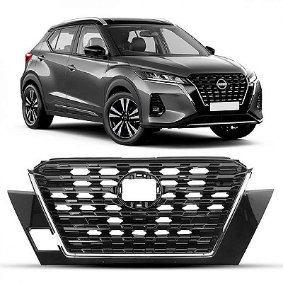 Grade do radiador kicks nissan de 2022 a 2024 carcaça preta com moldura cromada com furo para câmera e com furo para reboque