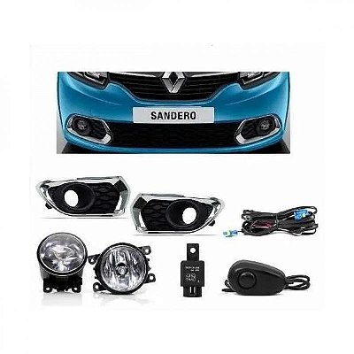 Kit farol auxiliar sandero renault de 2014 a 2019 com grade e moldura inferior para choque cromada