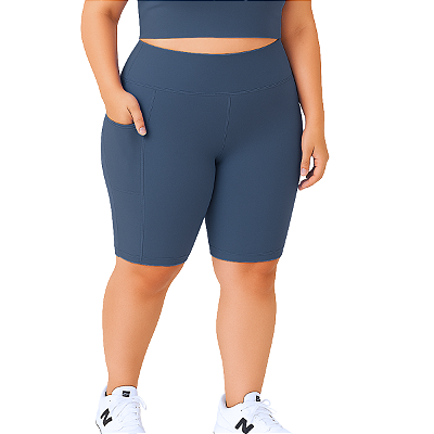 Bermuda Fitness Feminina Plus Size Com Bolsos Azul Petróleo