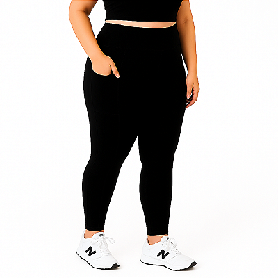 Calça Legging Feminina Plus Size Com Bolsos Preta