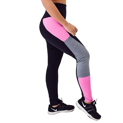 Calça Legging Fitness C/ Recortes Rosa e Branco Em Suplex Poliamida