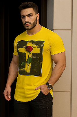 Camiseta Masculina LongLine Amarela com Estampa