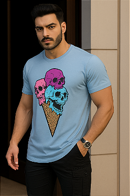 Camiseta Masculina Long Line Caveira Colorida
