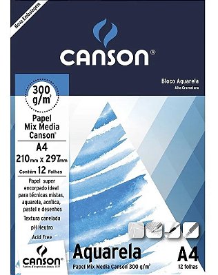 Bloco De Papel Canson Aquarela Mix Media 12 Folhas 300g A4