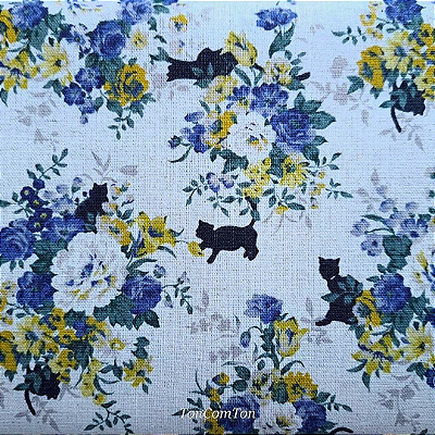 Black Cat in Blue Flower - Linho Misto Japonês Importado (41x55cm)