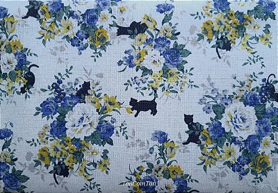 Black Cat in Blue Flowers. Linho+Alg Japonês. (41x55cm)