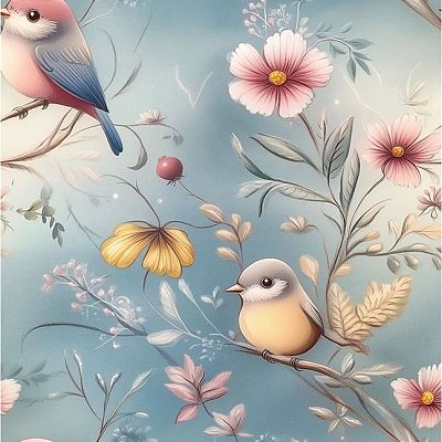 Passarinhos no Azul. Tecido Digital Fabricart 100% Algodão - 50x150cm