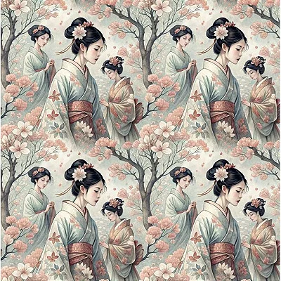 Japonesas com Sakura. Tecido Digital Fabricart 100% Algodão - 50x150cm