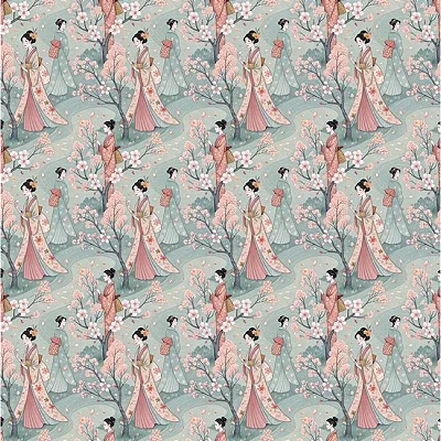 Gueixas Sakura. Tecido Digital Fabricart 100% Algodão - 50x150cm