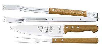 Kit Churrasco 3 Peças Inox Garfo Faca Pegador Tramontina