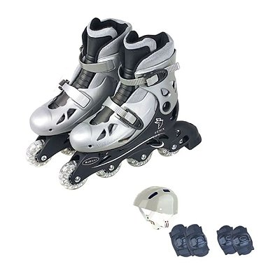 Patins In-line Ajustável Prata 34 Ao 37 + Kit Proteção Fenix
