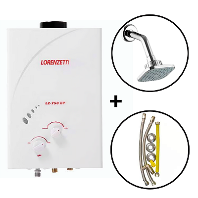 Aquecedor a Gás Lz 750BP GLP com Kit de Instalação + Ducha Flatt Quadra