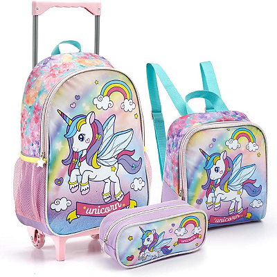 Kit Mochila Escolar Rodas Unicórnio Seanite