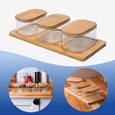 Conjunto 3 Potes Vidro Tampa E Bandeja Bambu Wolff 33cm
