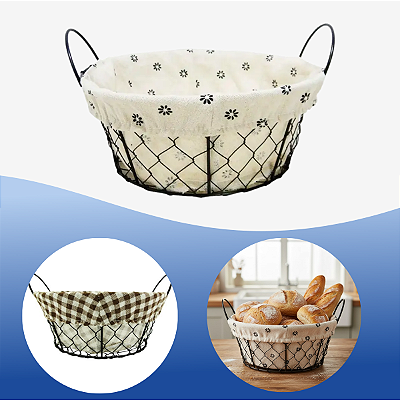 Cesto Metal Redondo Para Pães Com Forro Algodão