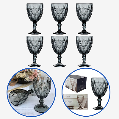 Jogo 6 Taças De Vidro Cinza 330ml Transparente Diamante