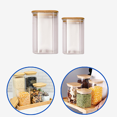 Conjunto 2 Potes Mantimentos Quadrado Tampa Bambu Hermético